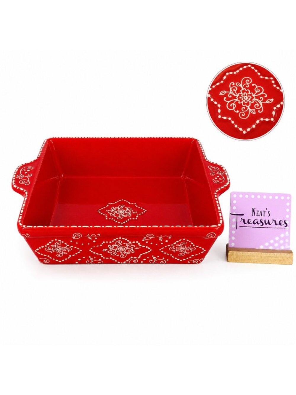 Temptations By Tara Bakeware SWIRLS AND PEARLS Red 2.5 Qt Square Ceramic Baker